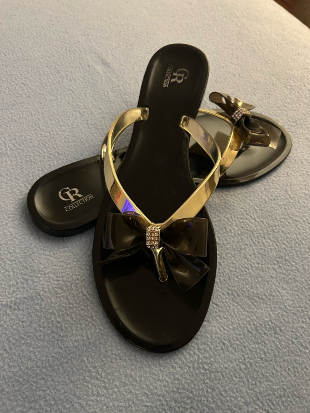 CR Collection Black Jelly Sandals with Gold Straps & rhinestones - Picture 15 of 16